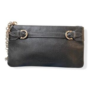Salvatore Ferragamo Black Leather Wristlet Small Clutch Pouch Wallet